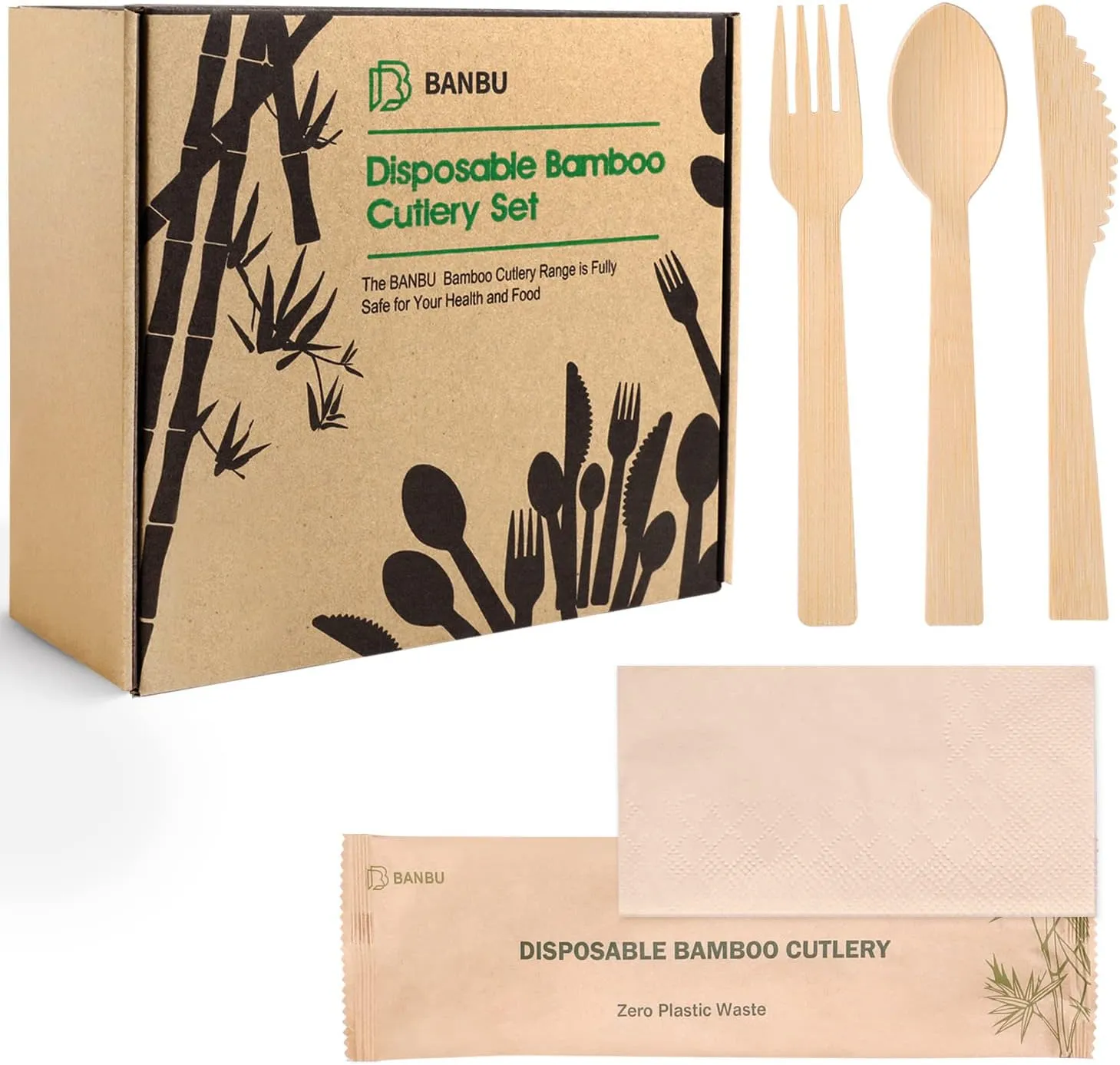 Bamboo Utensils with Napkin-58 Pack Individually Wrapped (6.7" 58 Forks 58 spoons 58 Knives 58 Napkins) Disposable Bamboo Cutlery Travel Set Compostable Biodegradable Fork Knife Spoon and Napkin
