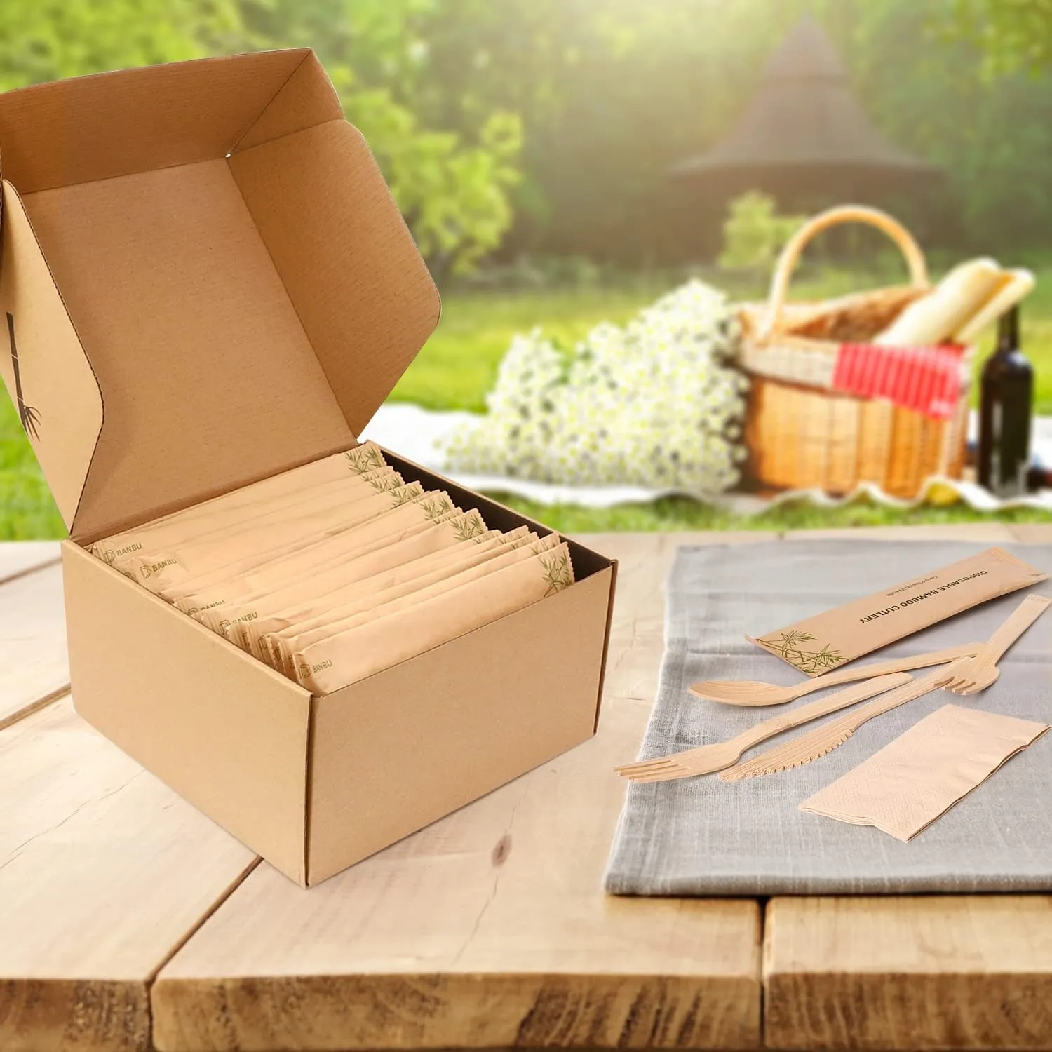 Bamboo Utensils with Napkin-58 Pack Individually Wrapped (6.7" 58 Forks 58 spoons 58 Knives 58 Napkins) Disposable Bamboo Cutlery Travel Set Compostable Biodegradable Fork Knife Spoon and Napkin