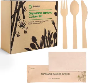 Bamboo Utensils with Napkin-58 Pack Individually Wrapped (6.7" 58 Forks 58 spoons 58 Knives 58 Napkins) Disposable Bamboo Cutlery Travel Set Compostable Biodegradable Fork Knife Spoon and Napkin