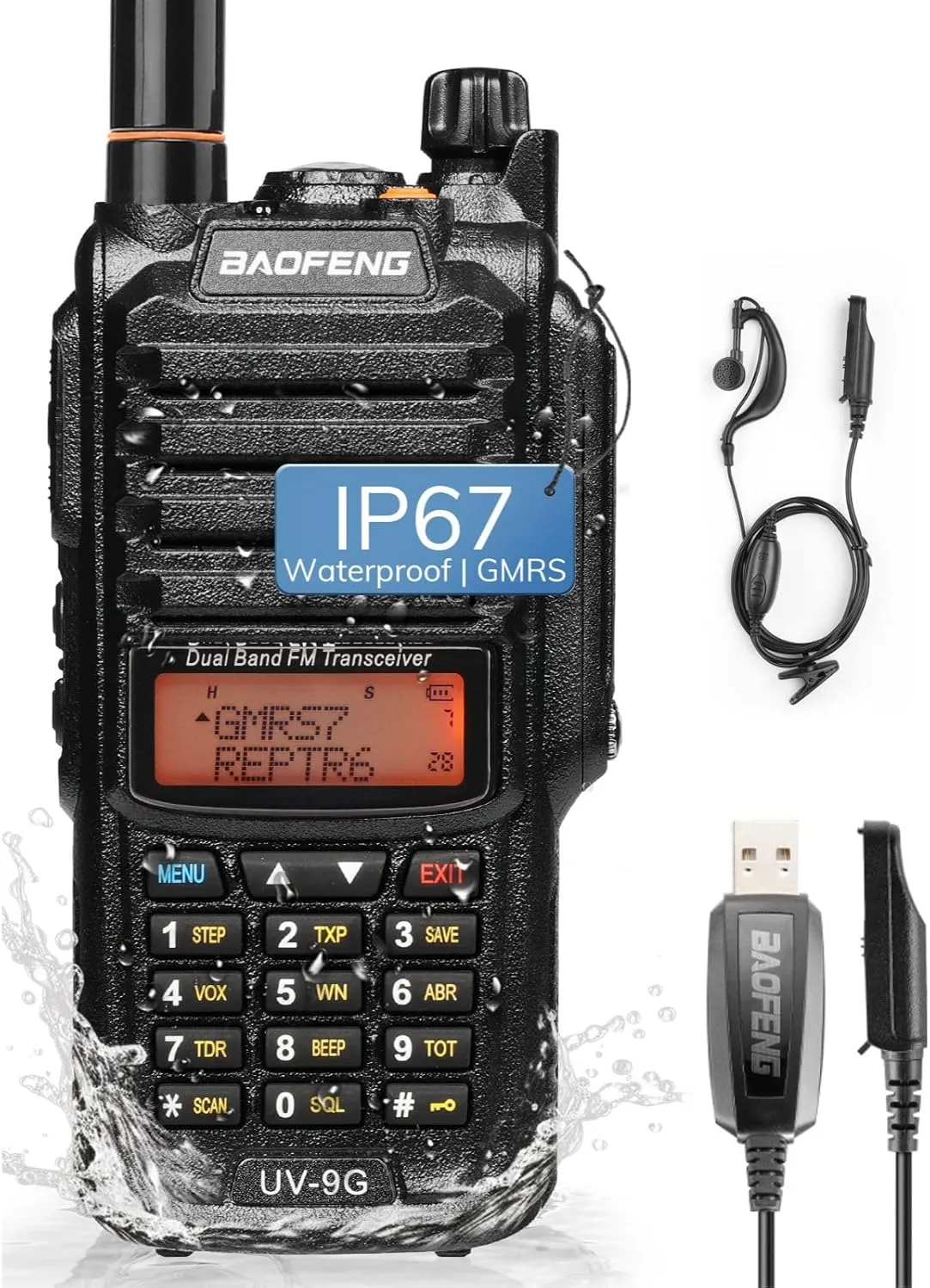 BAOFENG UV-9G GMRS Radio, IP67 Waterproof Two Way Radio for Adults, NOAA Scanner & Receiver Long Range Rechargeable Handheld Radio, Repeater Compatible, with Programming Cable