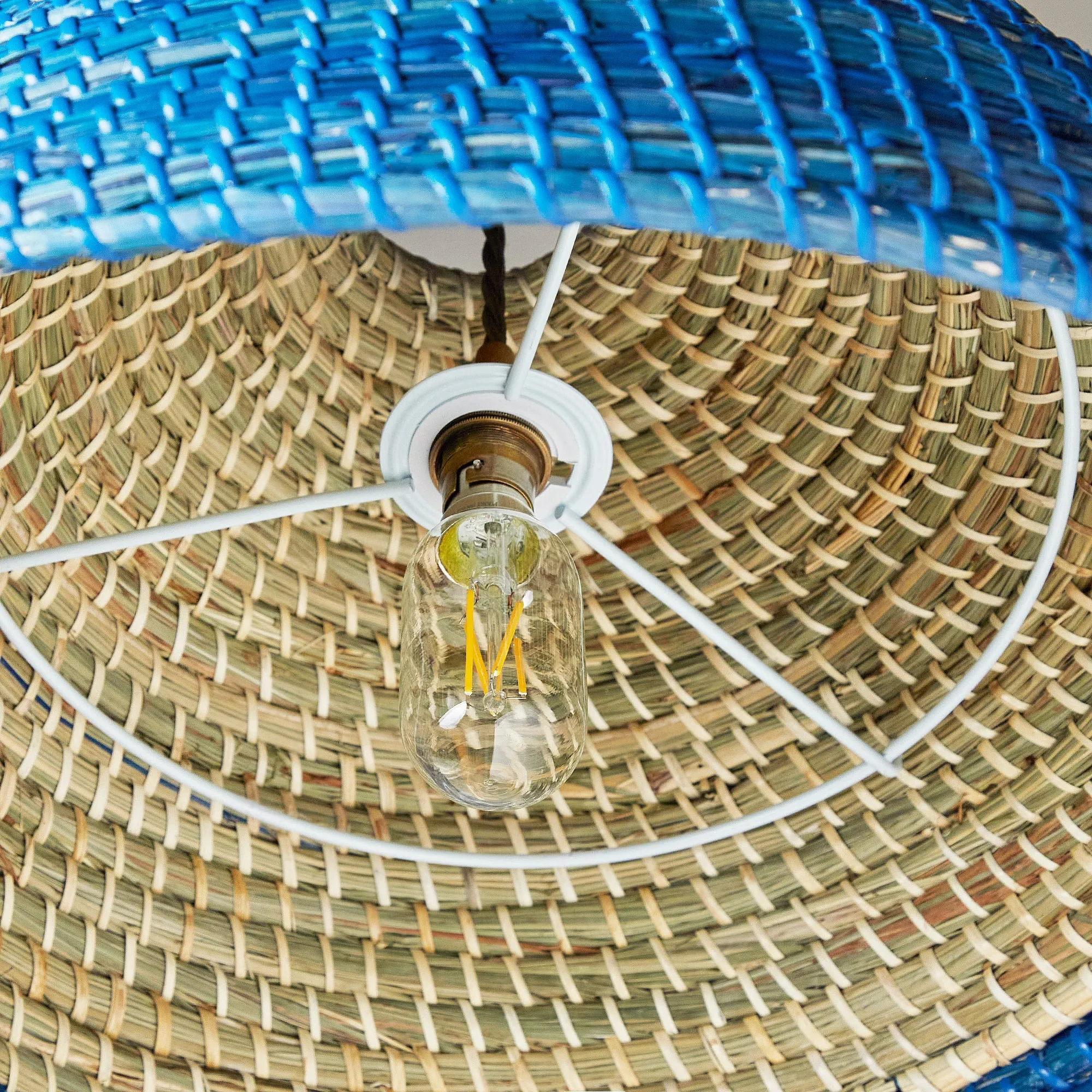 Barolo pendant shade in natural seagrass with turquoise stripe