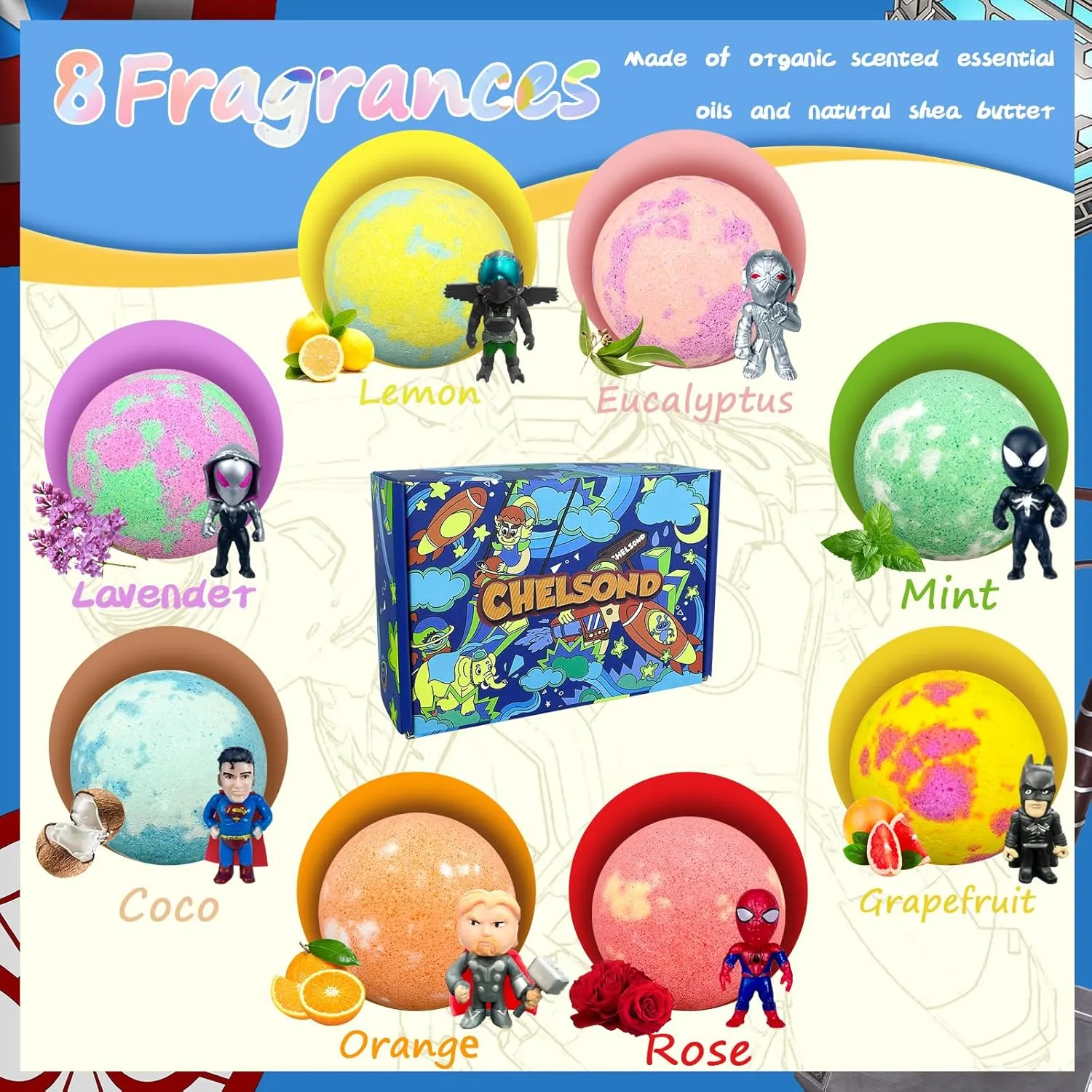 Bath Bombs for Kids with Surprise Kids Toys Inside, 8 Pcs Superhero Organic Bath Bombs Fizzies for Kids, Kids Safe Handmade Fizzy and Bubbly Balls Easter Gift Set, Birthday Gifts for Boys Girls