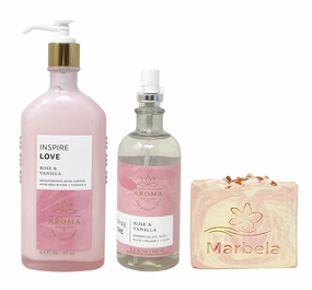 Bath & Body Works Aroma Inspire Love ROSE   VANILLA Essential Oil Mist and Body Lotion Set with a Himalayan Salts Springs Bar Soap - Full Size