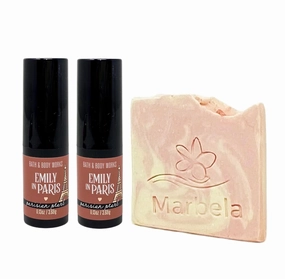 Bath & Body Works Emily In Paris Parisian Pearl 2 Pack Lipstick Gift Set Bundle with a Himalayan Salts Springs Sample Soap