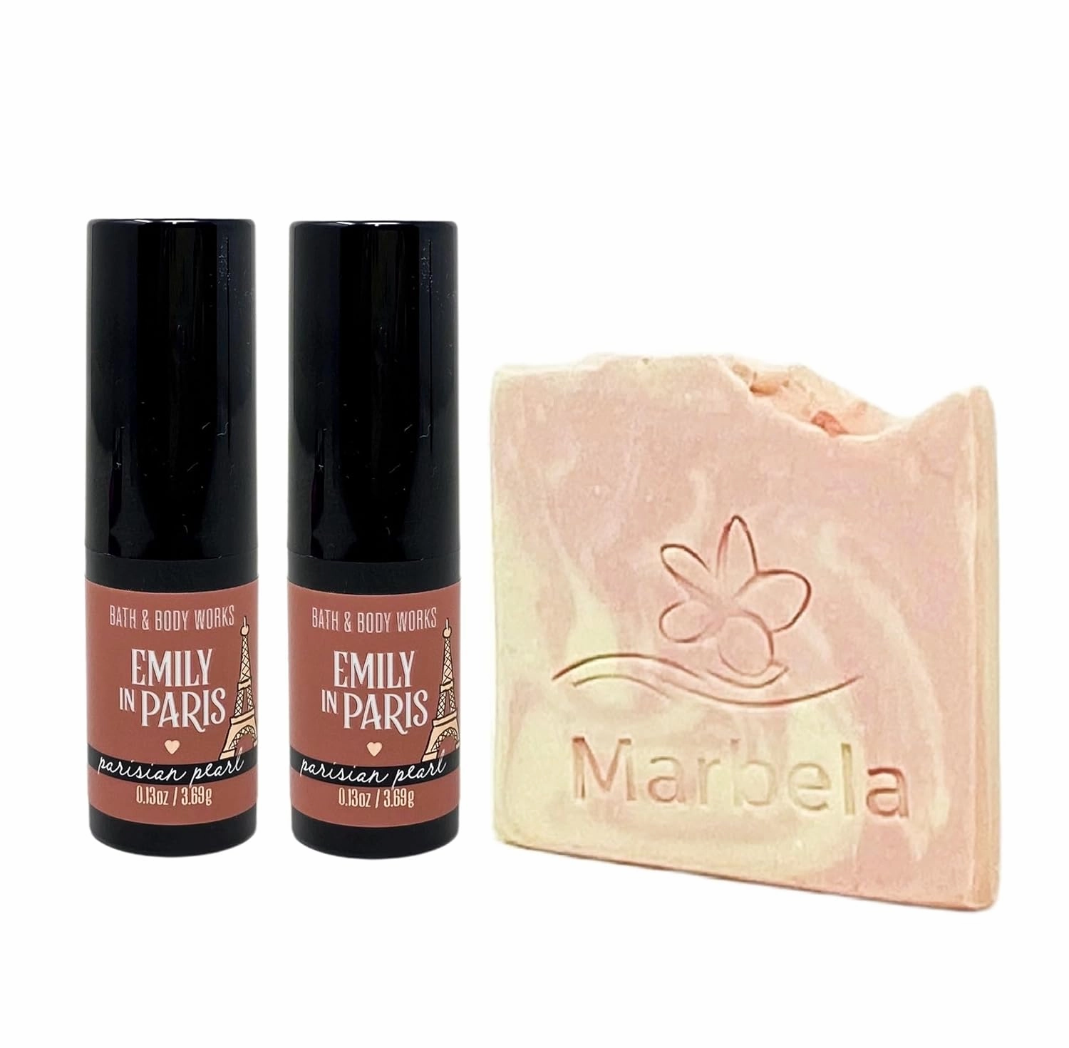Bath & Body Works Emily In Paris Parisian Pearl 2 Pack Lipstick Gift Set Bundle with a Himalayan Salts Springs Sample Soap