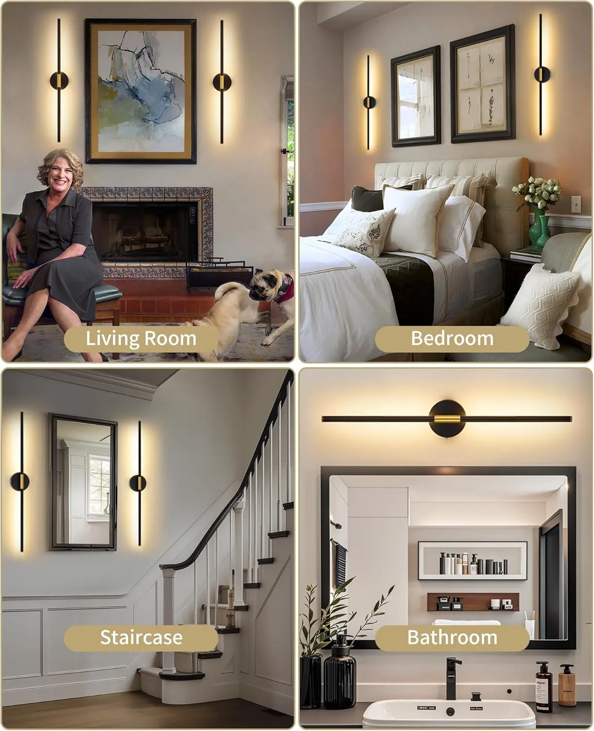 Battery Operated Wall Sconce Set of 2, 24 Inch Wireless Rechargeable Wall Lights with Remote Control, 350° Rotate Dimmable 3000K-6000K LED Wall Lamps with Timer for Living Room, Bedroom, Black Gold