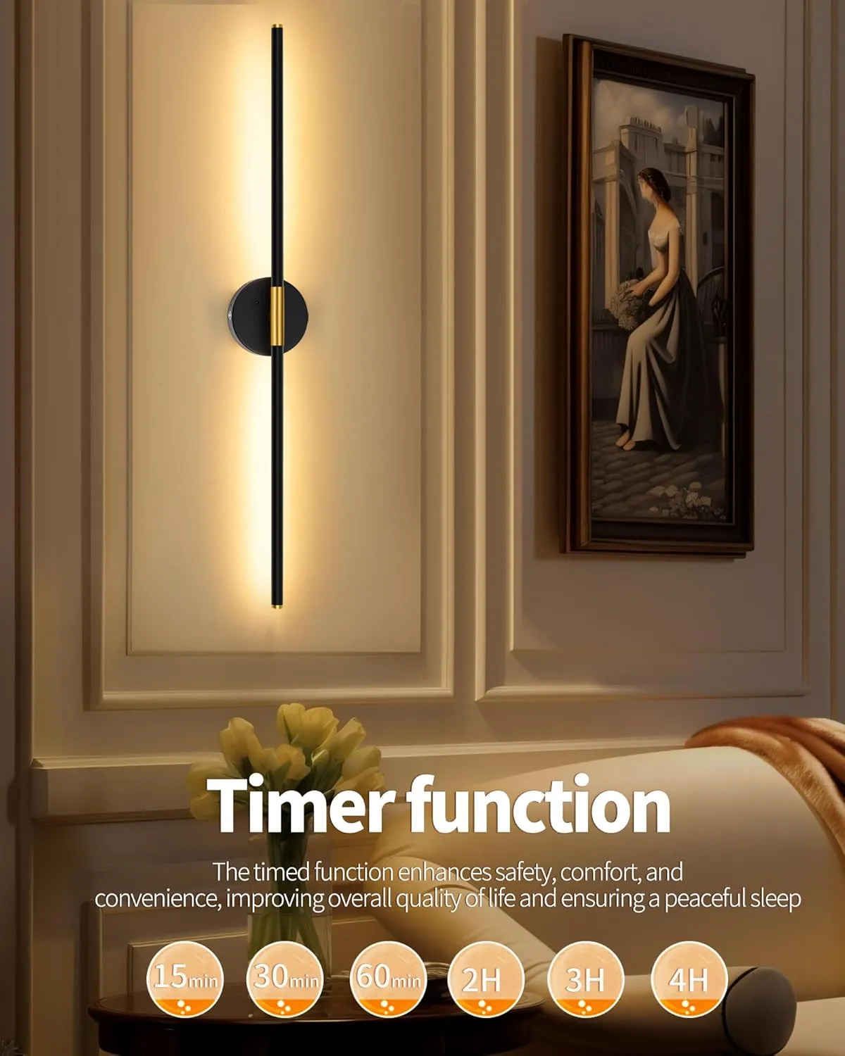 Battery Operated Wall Sconce Set of 2, 24 Inch Wireless Rechargeable Wall Lights with Remote Control, 350° Rotate Dimmable 3000K-6000K LED Wall Lamps with Timer for Living Room, Bedroom, Black Gold