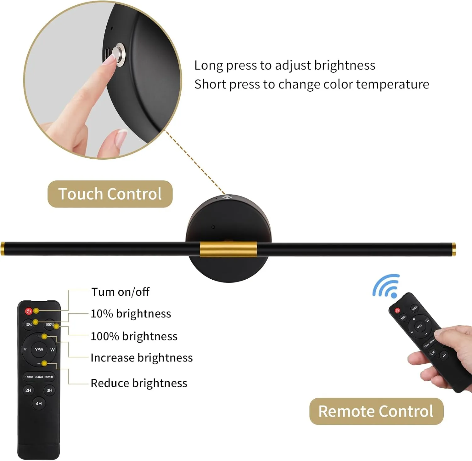 Battery Operated Wall Sconce Set of 2, 24 Inch Wireless Rechargeable Wall Lights with Remote Control, 350° Rotate Dimmable 3000K-6000K LED Wall Lamps with Timer for Living Room, Bedroom, Black Gold