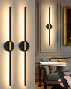 Battery Operated Wall Sconce Set of 2, 24 Inch Wireless Rechargeable Wall Lights with Remote Control, 350° Rotate Dimmable 3000K-6000K LED Wall Lamps with Timer for Living Room, Bedroom, Black Gold