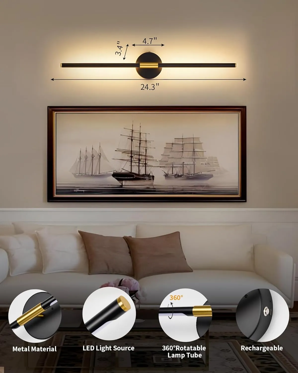 Battery Operated Wall Sconce Set of 2, 24 Inch Wireless Rechargeable Wall Lights with Remote Control, 350° Rotate Dimmable 3000K-6000K LED Wall Lamps with Timer for Living Room, Bedroom, Black Gold