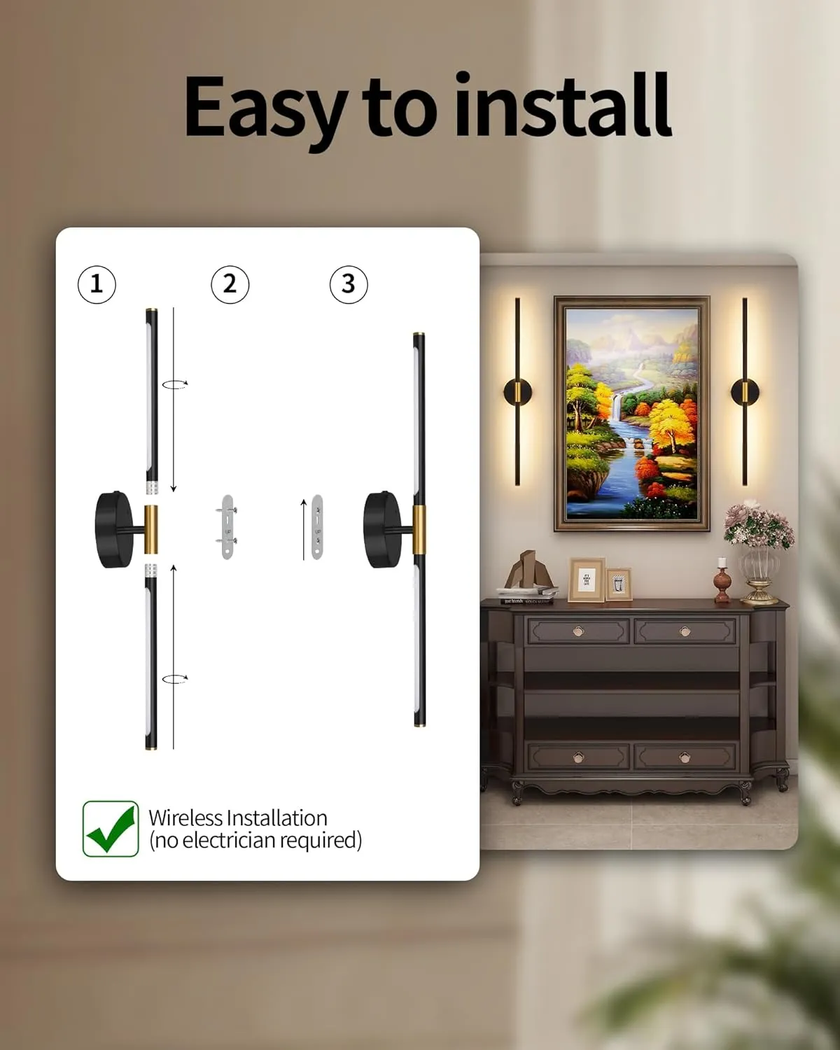 Battery Operated Wall Sconce Set of 2, 24 Inch Wireless Rechargeable Wall Lights with Remote Control, 350° Rotate Dimmable 3000K-6000K LED Wall Lamps with Timer for Living Room, Bedroom, Black Gold