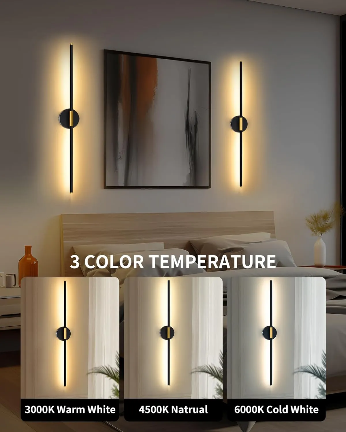 Battery Operated Wall Sconce Set of 2, 24 Inch Wireless Rechargeable Wall Lights with Remote Control, 350° Rotate Dimmable 3000K-6000K LED Wall Lamps with Timer for Living Room, Bedroom, Black Gold