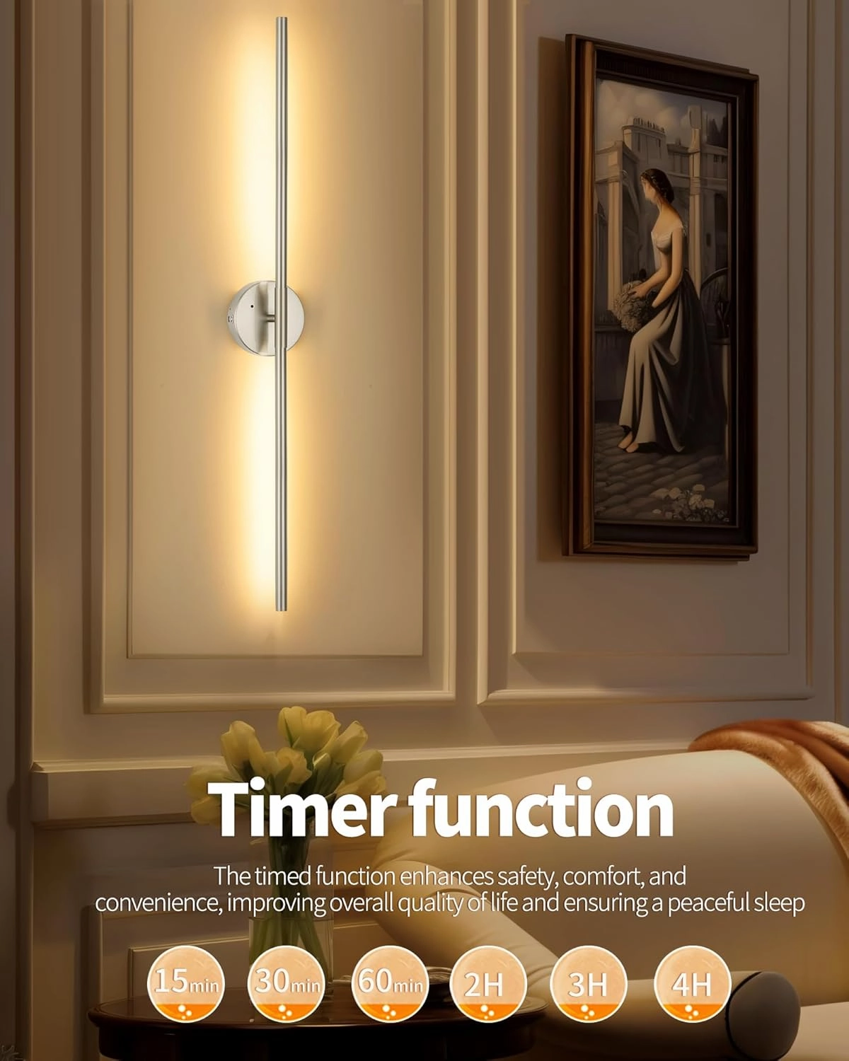 Battery Operated Wall Sconce Set of 2, 24 Inch Wireless Rechargeable Wall Lights with Remote Control, 350° Rotate Dimmable 3000K-6000K LED Wall Lamps with Timer for Living Room, Bedroom, Sand Nickel