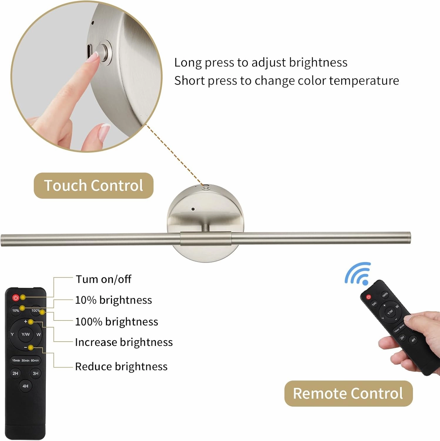 Battery Operated Wall Sconce Set of 2, 24 Inch Wireless Rechargeable Wall Lights with Remote Control, 350° Rotate Dimmable 3000K-6000K LED Wall Lamps with Timer for Living Room, Bedroom, Sand Nickel
