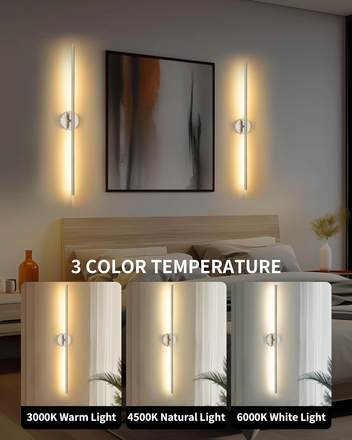 Battery Operated Wall Sconce Set of 2, 24 Inch Wireless Rechargeable Wall Lights with Remote Control, 350° Rotate Dimmable 3000K-6000K LED Wall Lamps with Timer for Living Room, Bedroom, Sand Nickel