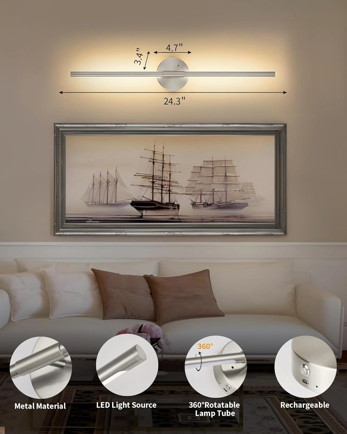 Battery Operated Wall Sconce Set of 2, 24 Inch Wireless Rechargeable Wall Lights with Remote Control, 350° Rotate Dimmable 3000K-6000K LED Wall Lamps with Timer for Living Room, Bedroom, Sand Nickel