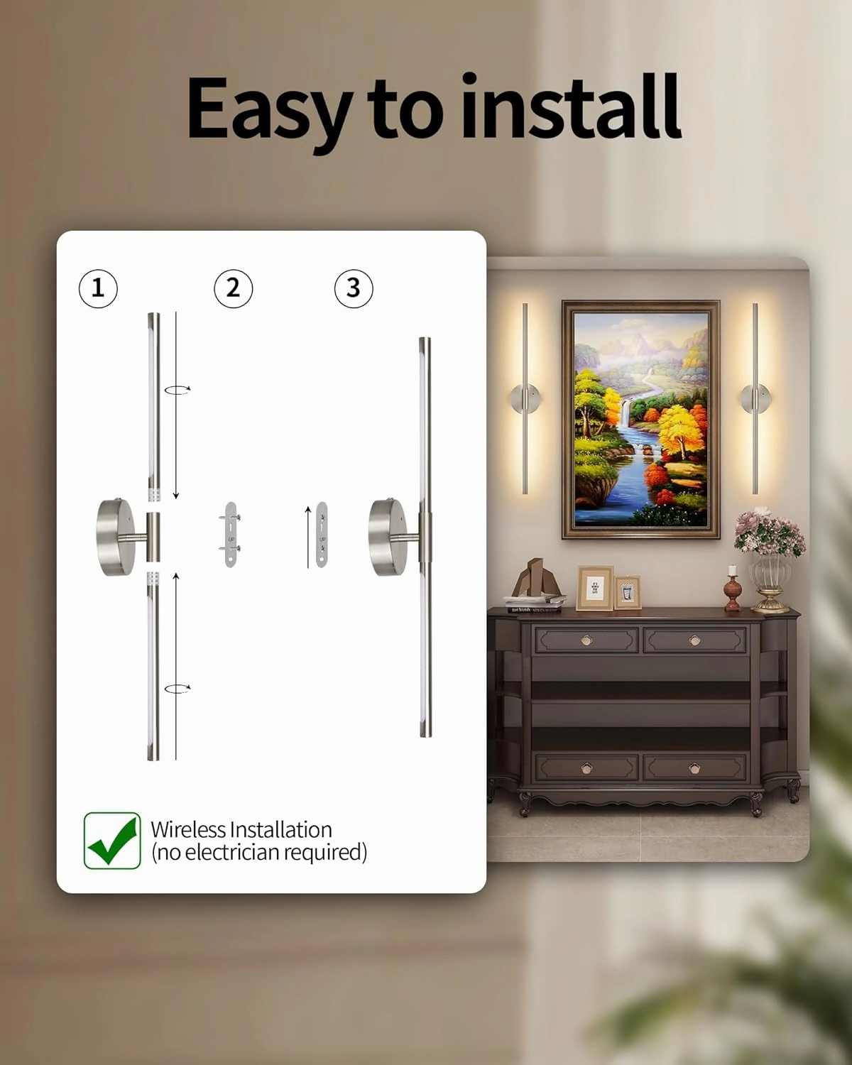 Battery Operated Wall Sconce Set of 2, 24 Inch Wireless Rechargeable Wall Lights with Remote Control, 350° Rotate Dimmable 3000K-6000K LED Wall Lamps with Timer for Living Room, Bedroom, Sand Nickel
