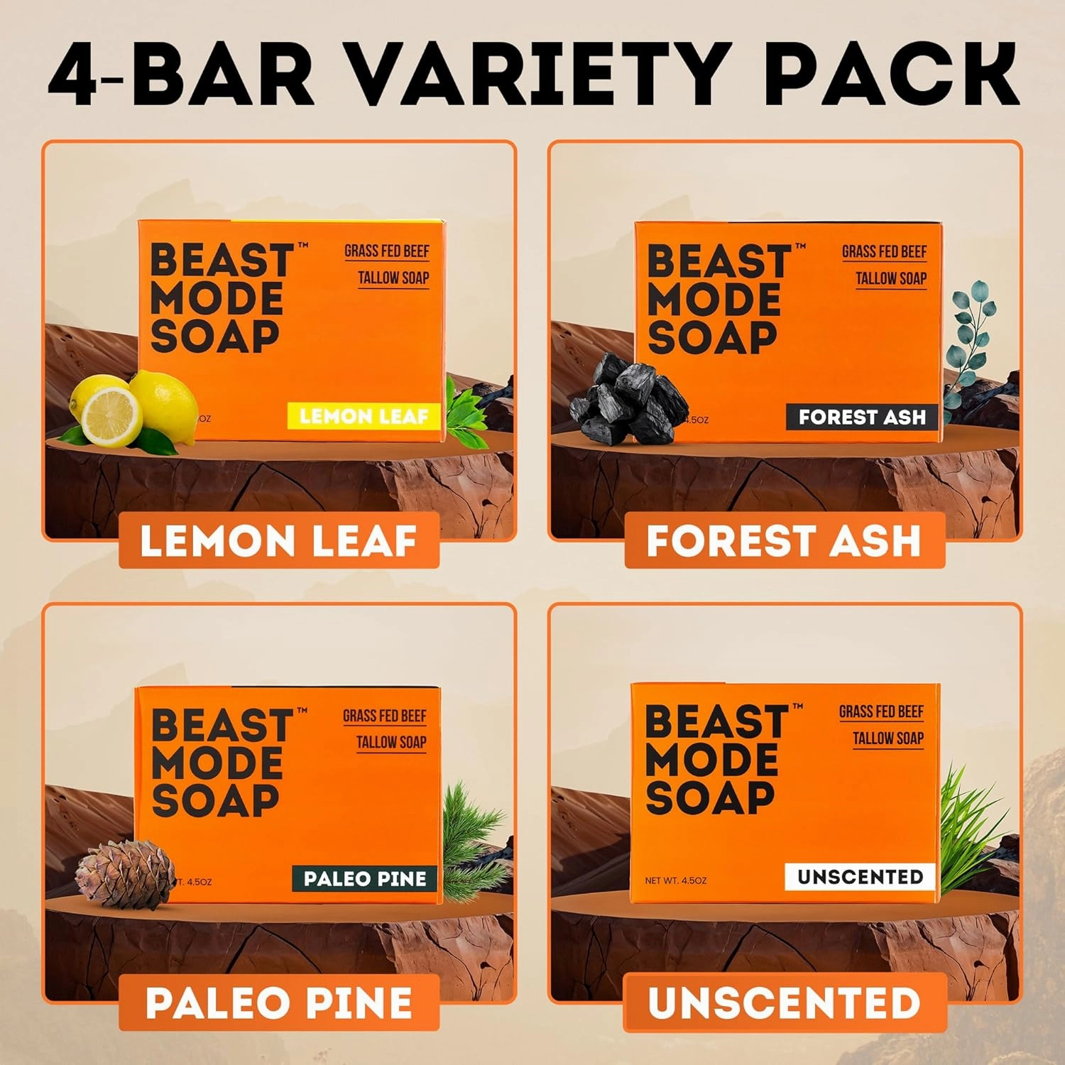 Beast Mode Soap for Men, 4-Bar Variety Pack – Natural Grass-Fed Tallow Bar Soap Set, Activated Charcoal & Multiple Scents, Handcrafted, Non-Toxic