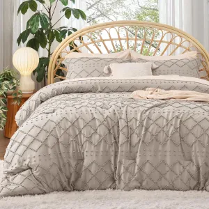 Bedsure Queen Comforter Set - Linen Comforter, Boho Tufted Shabby Chic Bedding, 3 Pieces Vintage Farmhouse Bed Set for All Seasons, Fluffy Soft Bedding with 2 Pillow Shams