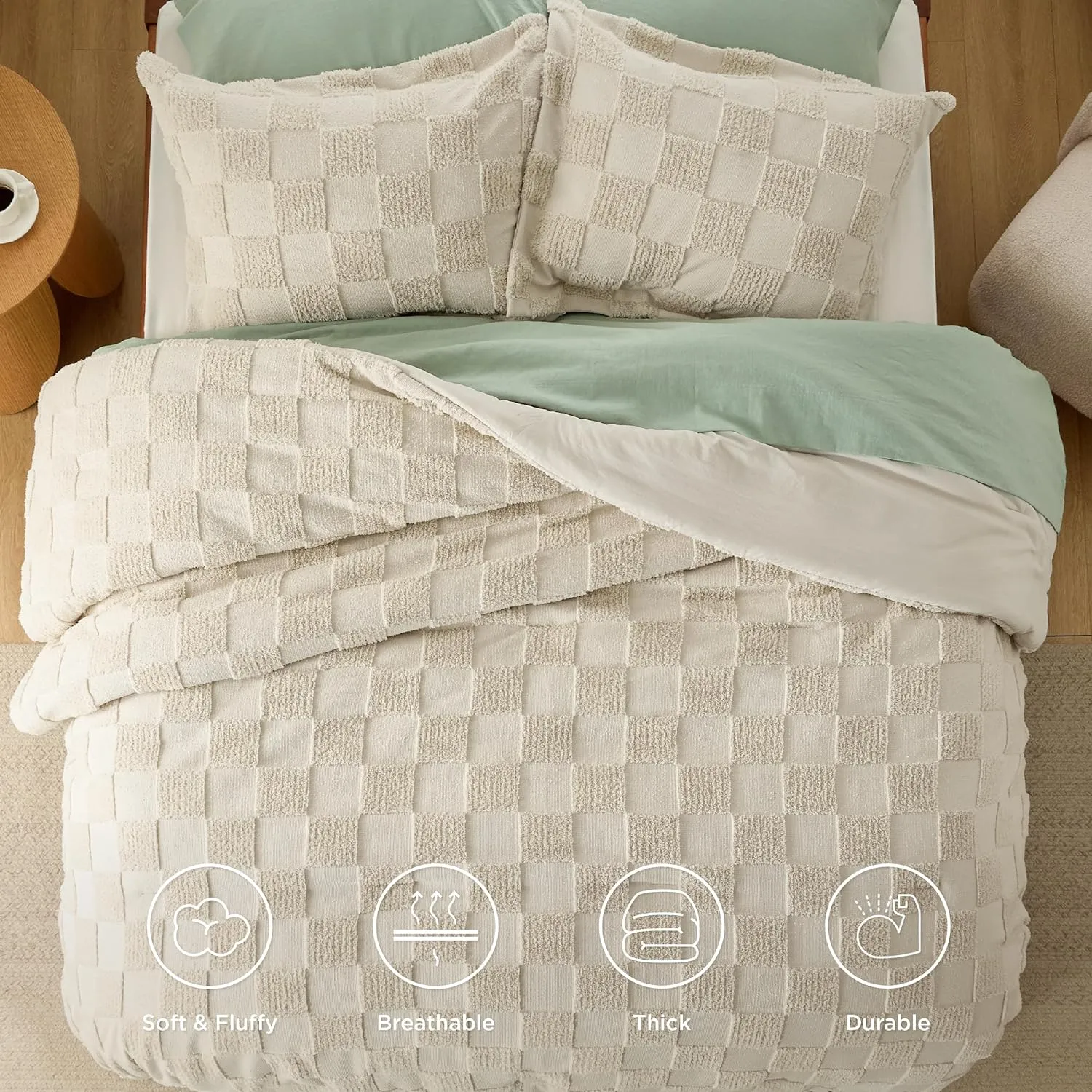 Bedsure Queen Size Comforter Set Beige, Boho Tufted Bed Set, Checkered Farmhouse Shabby Chic Bedding, 3 Pieces, 1 Plaid Geometric Comforter and 2 Pillow Shams