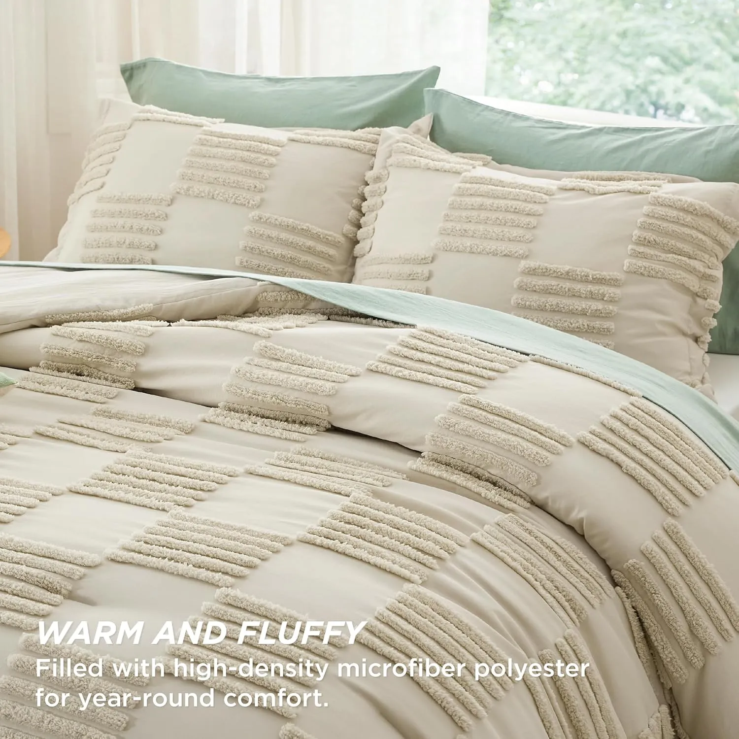 Bedsure Queen Size Comforter Set Linen, Boho Tufted Bed Set, Grande Checkered Farmhouse Shabby Chic Bedding, 3 Pieces, 1 Plaid Geometric Comforter and 2 Pillow Shams