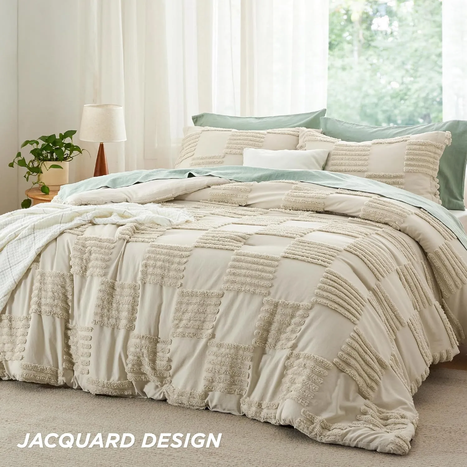 Bedsure Queen Size Comforter Set Linen, Boho Tufted Bed Set, Grande Checkered Farmhouse Shabby Chic Bedding, 3 Pieces, 1 Plaid Geometric Comforter and 2 Pillow Shams