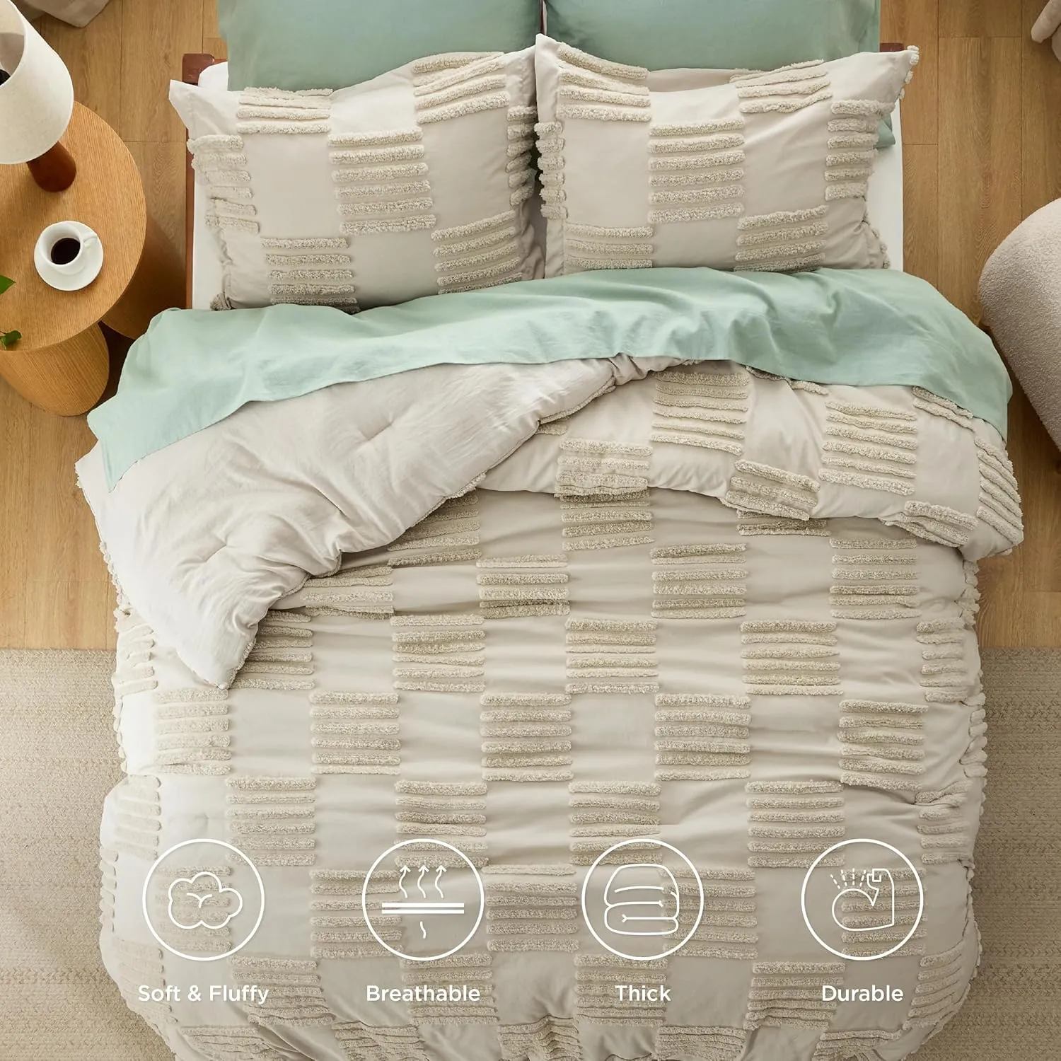 Bedsure Queen Size Comforter Set Linen, Boho Tufted Bed Set, Grande Checkered Farmhouse Shabby Chic Bedding, 3 Pieces, 1 Plaid Geometric Comforter and 2 Pillow Shams