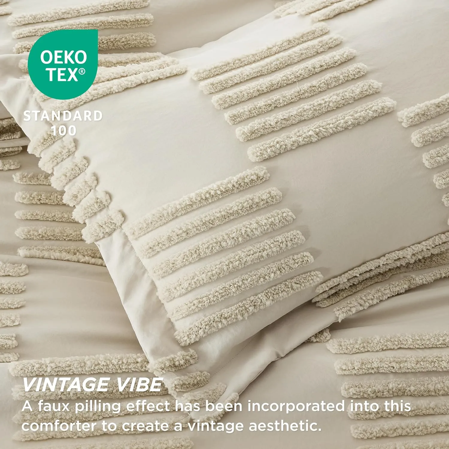 Bedsure Queen Size Comforter Set Linen, Boho Tufted Bed Set, Grande Checkered Farmhouse Shabby Chic Bedding, 3 Pieces, 1 Plaid Geometric Comforter and 2 Pillow Shams