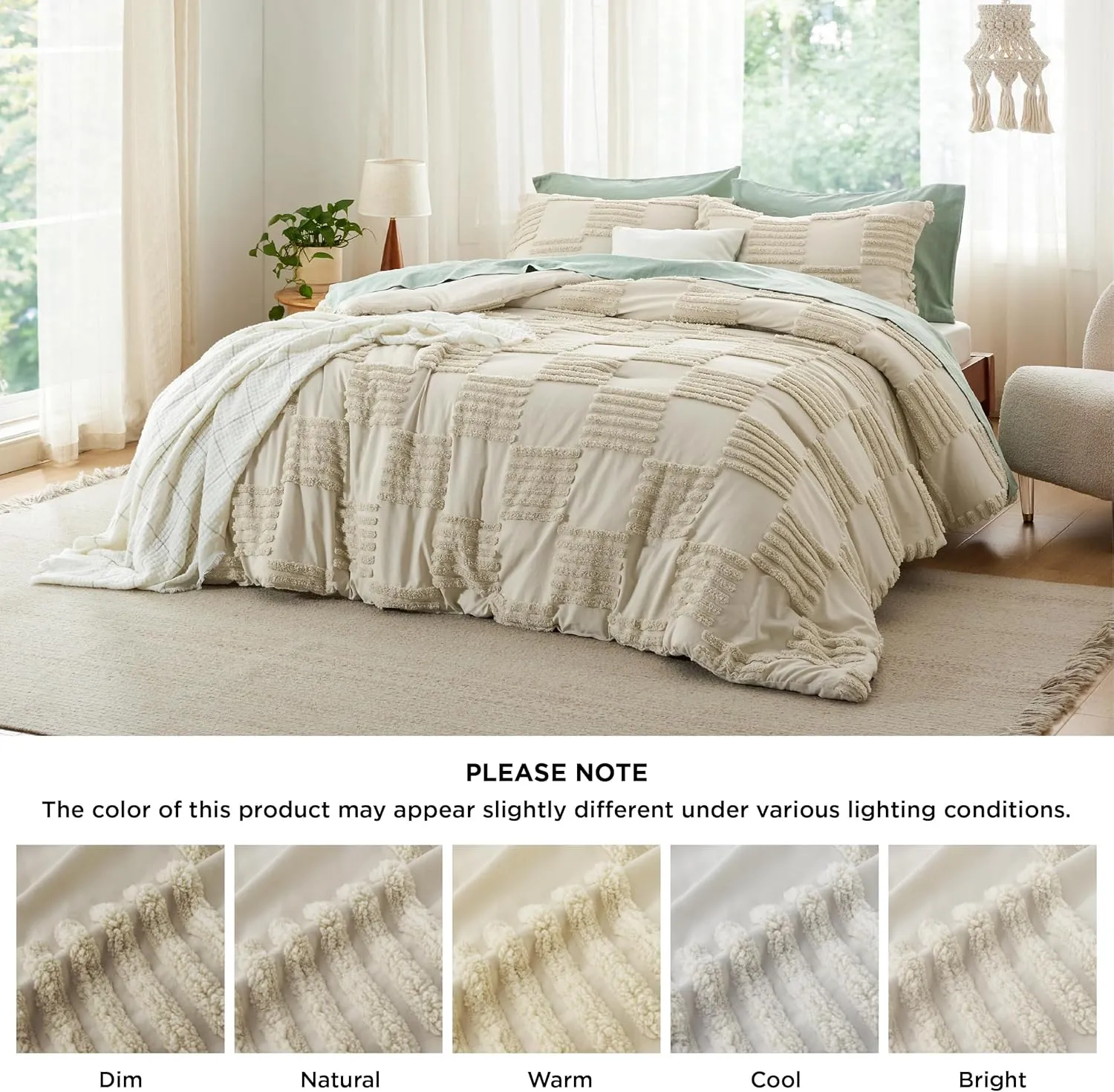 Bedsure Queen Size Comforter Set Linen, Boho Tufted Bed Set, Grande Checkered Farmhouse Shabby Chic Bedding, 3 Pieces, 1 Plaid Geometric Comforter and 2 Pillow Shams