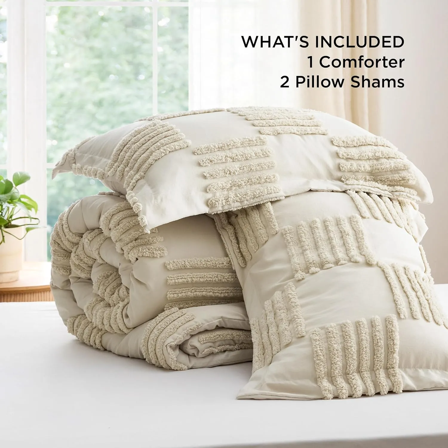 Bedsure Queen Size Comforter Set Linen, Boho Tufted Bed Set, Grande Checkered Farmhouse Shabby Chic Bedding, 3 Pieces, 1 Plaid Geometric Comforter and 2 Pillow Shams
