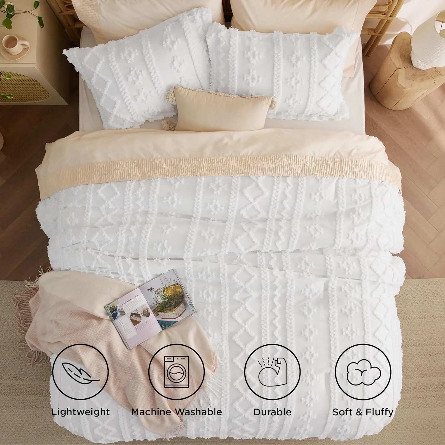 Bedsure Tufted Boho Comforter Set Queen Size - Bright White Boho Bed Set, GentleSoft™ 3 Pieces Farmhouse Shabby Chic Embroidery Bedding, Gifts for Woman, Soft Jacquard Queen Comforter for All Seasons
