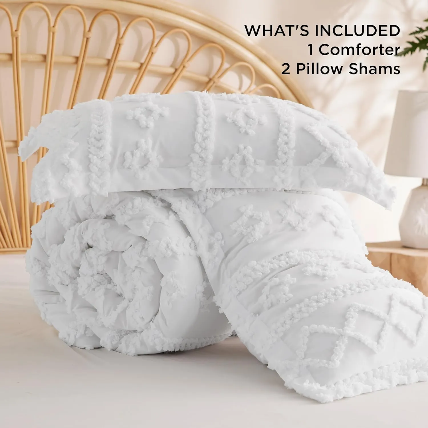 Bedsure Tufted Boho Comforter Set Queen Size - Bright White Boho Bed Set, GentleSoft™ 3 Pieces Farmhouse Shabby Chic Embroidery Bedding, Gifts for Woman, Soft Jacquard Queen Comforter for All Seasons