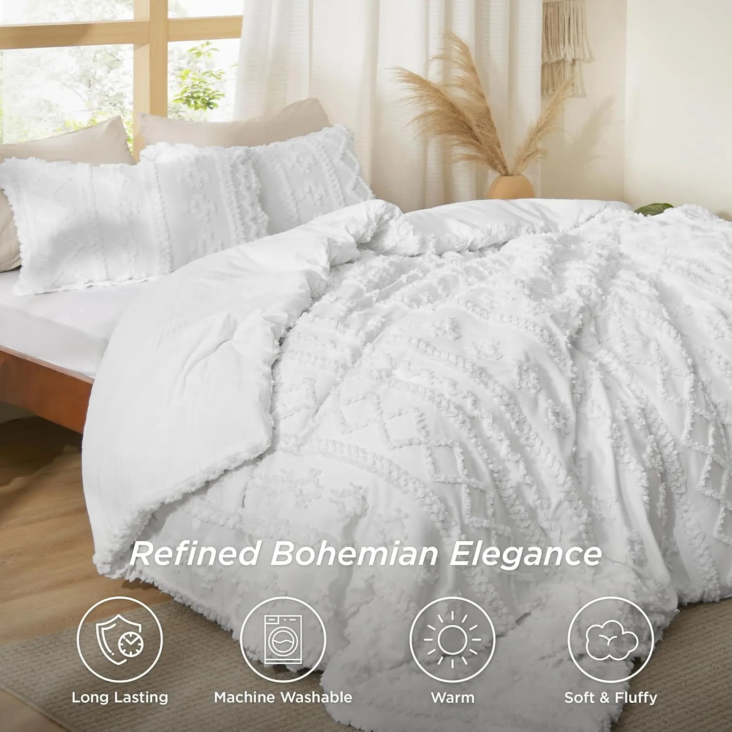 Bedsure Tufted Boho Comforter Set Queen Size - Bright White Boho Bed Set, GentleSoft™ 3 Pieces Farmhouse Shabby Chic Embroidery Bedding, Gifts for Woman, Soft Jacquard Queen Comforter for All Seasons