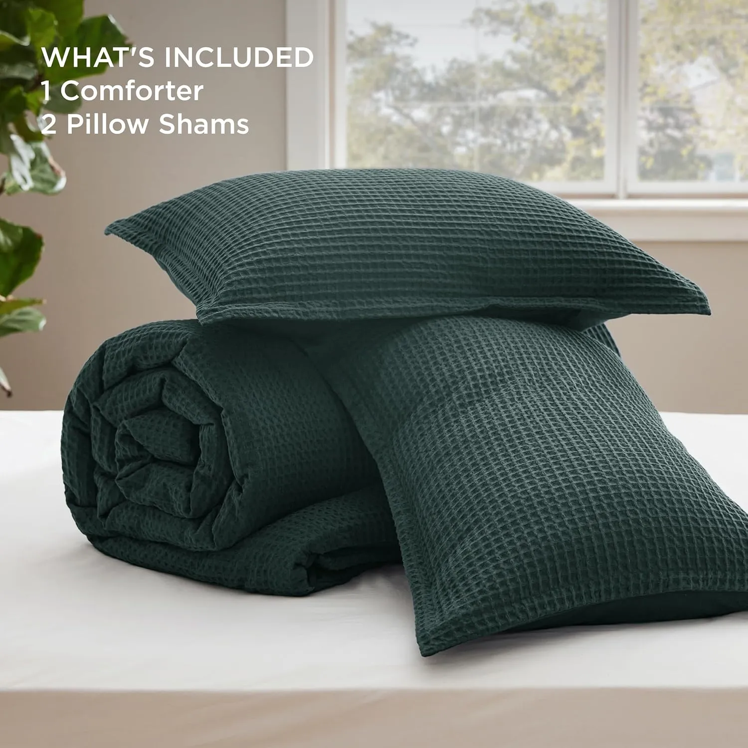 Bedsure Waffle Comforter Set Queen, Forest Green Soft Cotton Bedding, Waffle Weave Bed Set, 3 Pieces, 1 Comforter (90"x90") and 2 Pillow Shams, Premium Cotton Cover with Polyester Fill for All Seasons