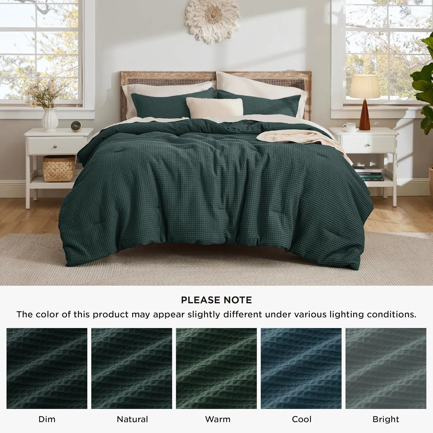 Bedsure Waffle Comforter Set Queen, Forest Green Soft Cotton Bedding, Waffle Weave Bed Set, 3 Pieces, 1 Comforter (90"x90") and 2 Pillow Shams, Premium Cotton Cover with Polyester Fill for All Seasons