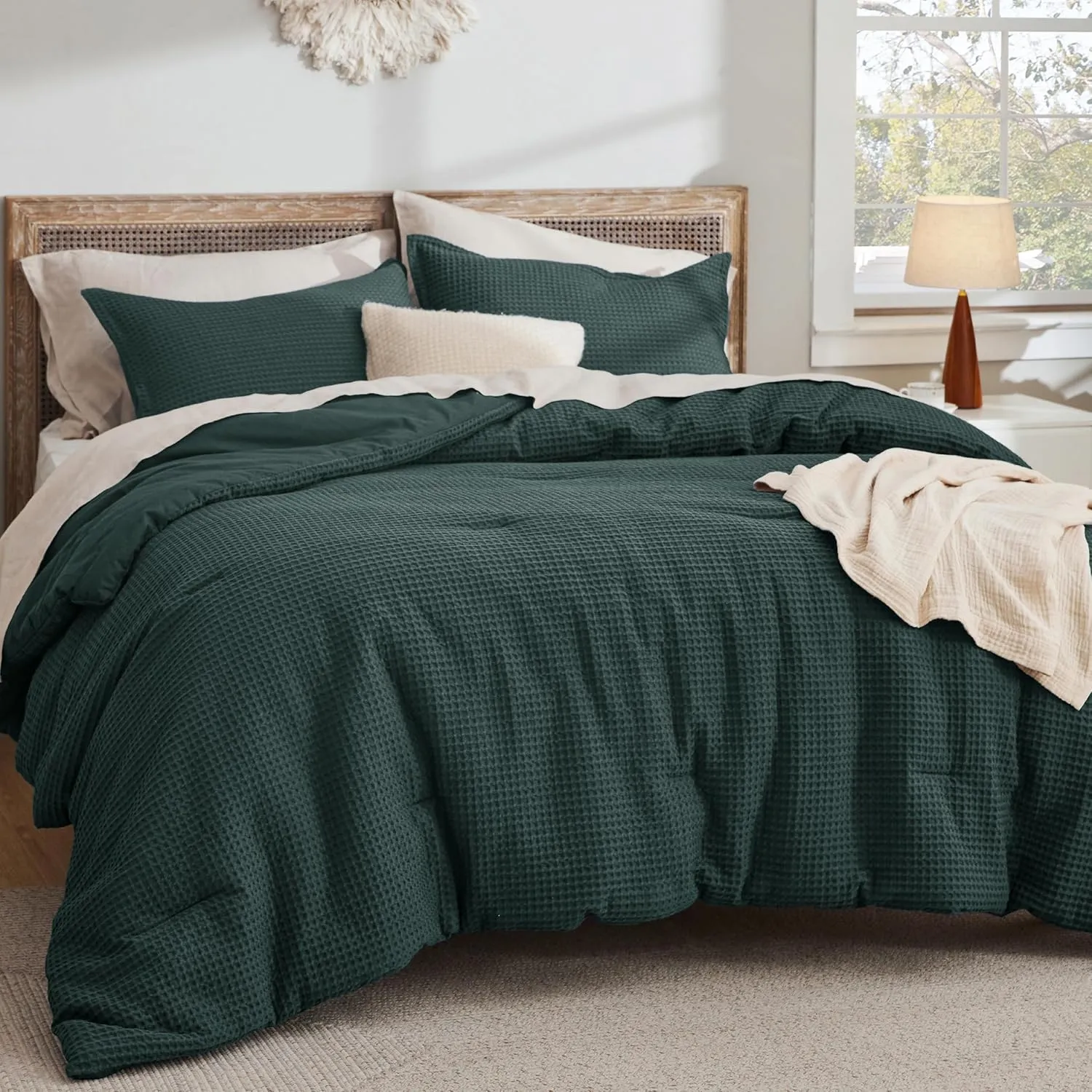 Bedsure Waffle Comforter Set Queen, Forest Green Soft Cotton Bedding, Waffle Weave Bed Set, 3 Pieces, 1 Comforter (90"x90") and 2 Pillow Shams, Premium Cotton Cover with Polyester Fill for All Seasons