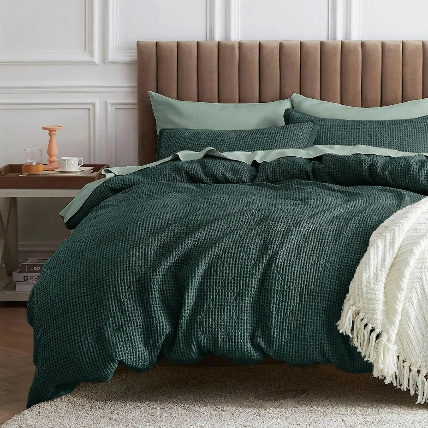 Bedsure Waffle Comforter Set Queen, Forest Green Soft Cotton Bedding, Waffle Weave Bed Set, 3 Pieces, 1 Comforter (90"x90") and 2 Pillow Shams, Premium Cotton Cover with Polyester Fill for All Seasons