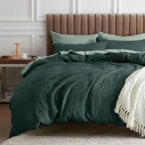 Bedsure Waffle Comforter Set Queen, Forest Green Soft Cotton Bedding, Waffle Weave Bed Set, 3 Pieces, 1 Comforter (90"x90") and 2 Pillow Shams, Premium Cotton Cover with Polyester Fill for All Seasons