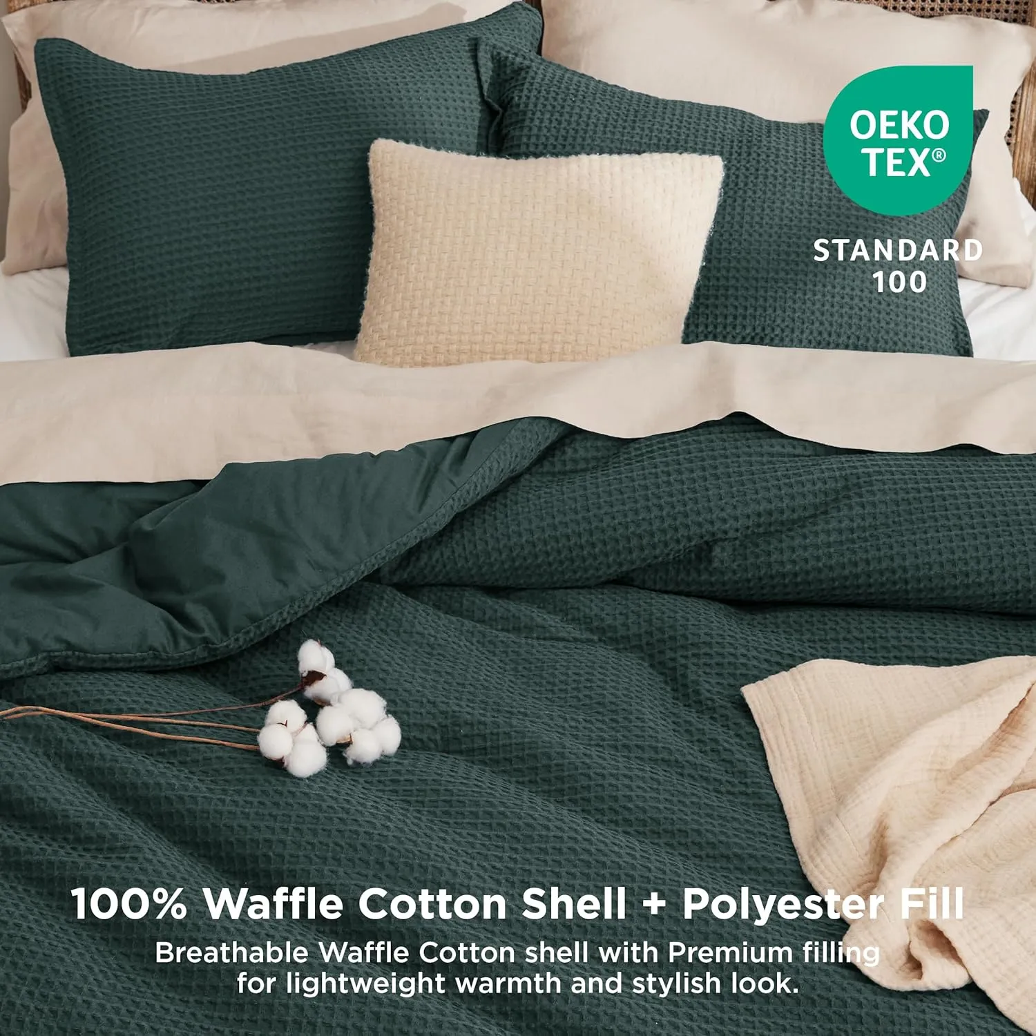 Bedsure Waffle Comforter Set Queen, Forest Green Soft Cotton Bedding, Waffle Weave Bed Set, 3 Pieces, 1 Comforter (90"x90") and 2 Pillow Shams, Premium Cotton Cover with Polyester Fill for All Seasons