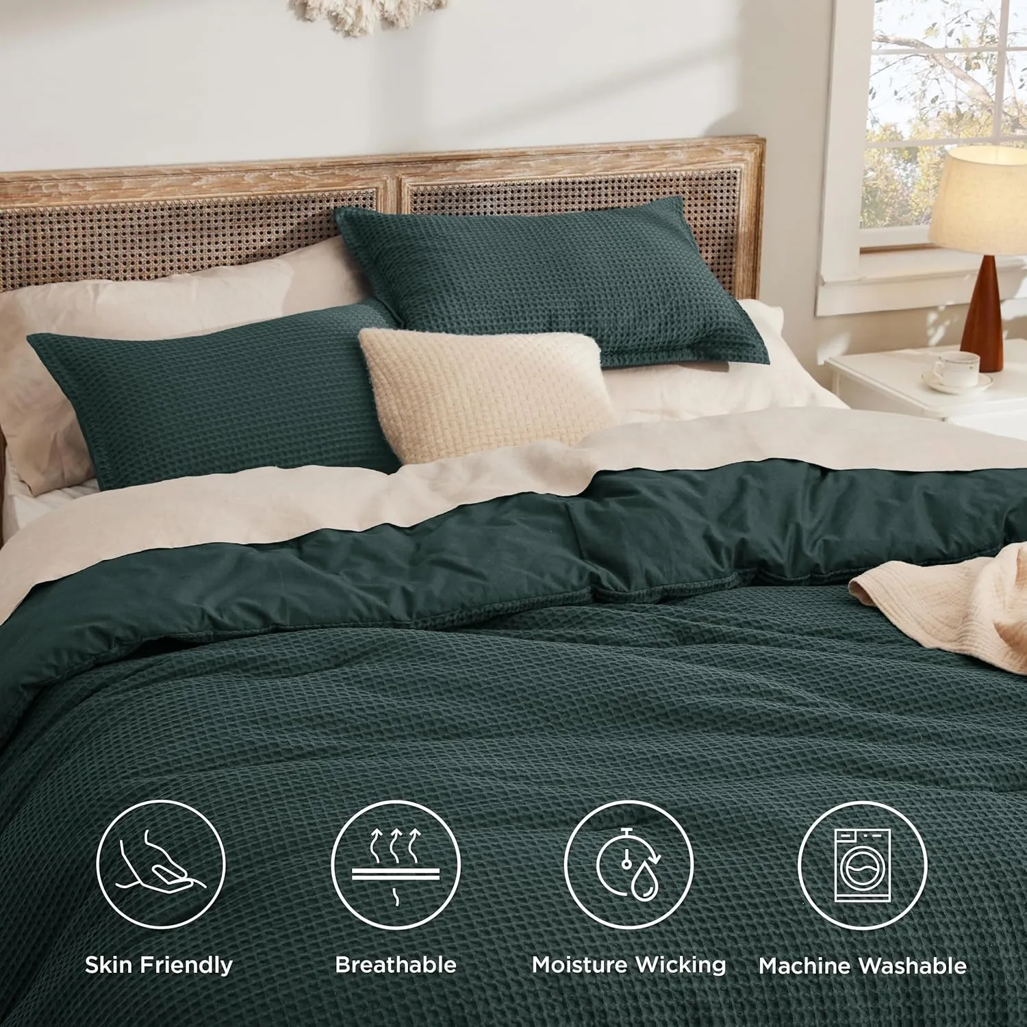 Bedsure Waffle Comforter Set Queen, Forest Green Soft Cotton Bedding, Waffle Weave Bed Set, 3 Pieces, 1 Comforter (90"x90") and 2 Pillow Shams, Premium Cotton Cover with Polyester Fill for All Seasons