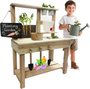 Beipoo Kids Potting Bench, Garden Station to Grow Your own Vegetables, Plants and Flowers, Wooden Toy Gardening Center with Sink & Faucet, Blackboard, Garden Accessories, Storage Shelf