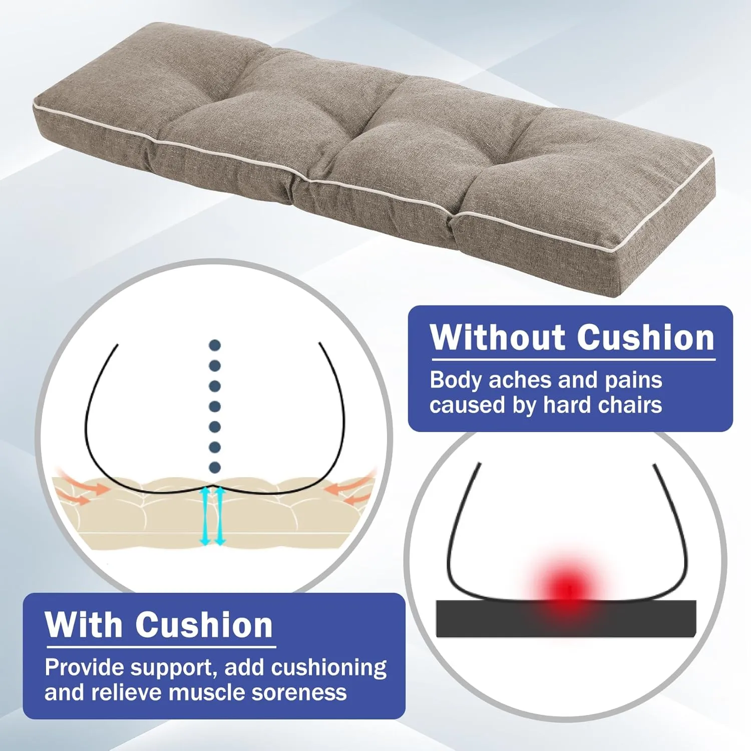 Bench Cushions for Outdoor Furniture, 42 x 16 Inch Outdoor Bench Cushion, Patio Bench Cushion with Durable Ties, Long Patio Seat Cushions for Garden, Indoor, Kitchen&Dining, Khaki