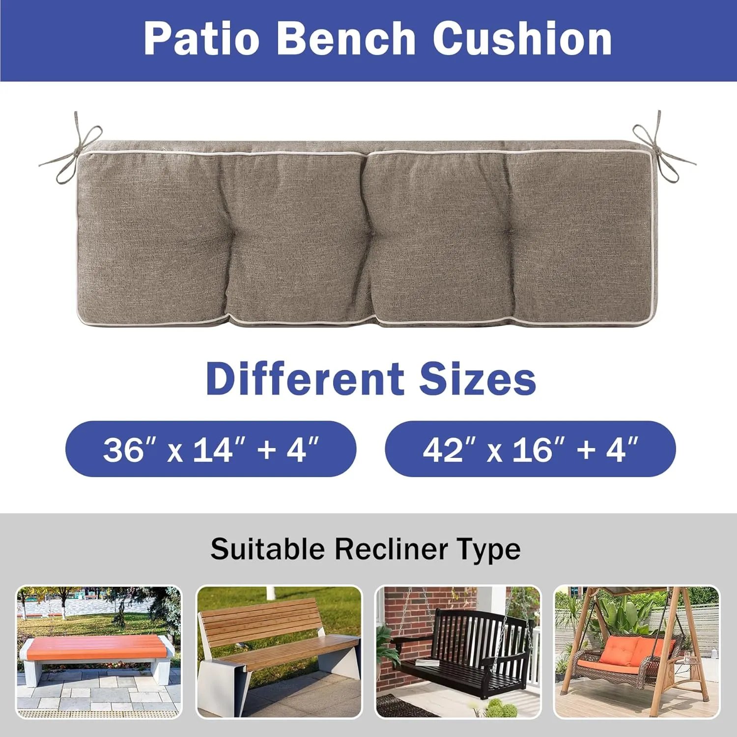 Bench Cushions for Outdoor Furniture, 42 x 16 Inch Outdoor Bench Cushion, Patio Bench Cushion with Durable Ties, Long Patio Seat Cushions for Garden, Indoor, Kitchen&Dining, Khaki
