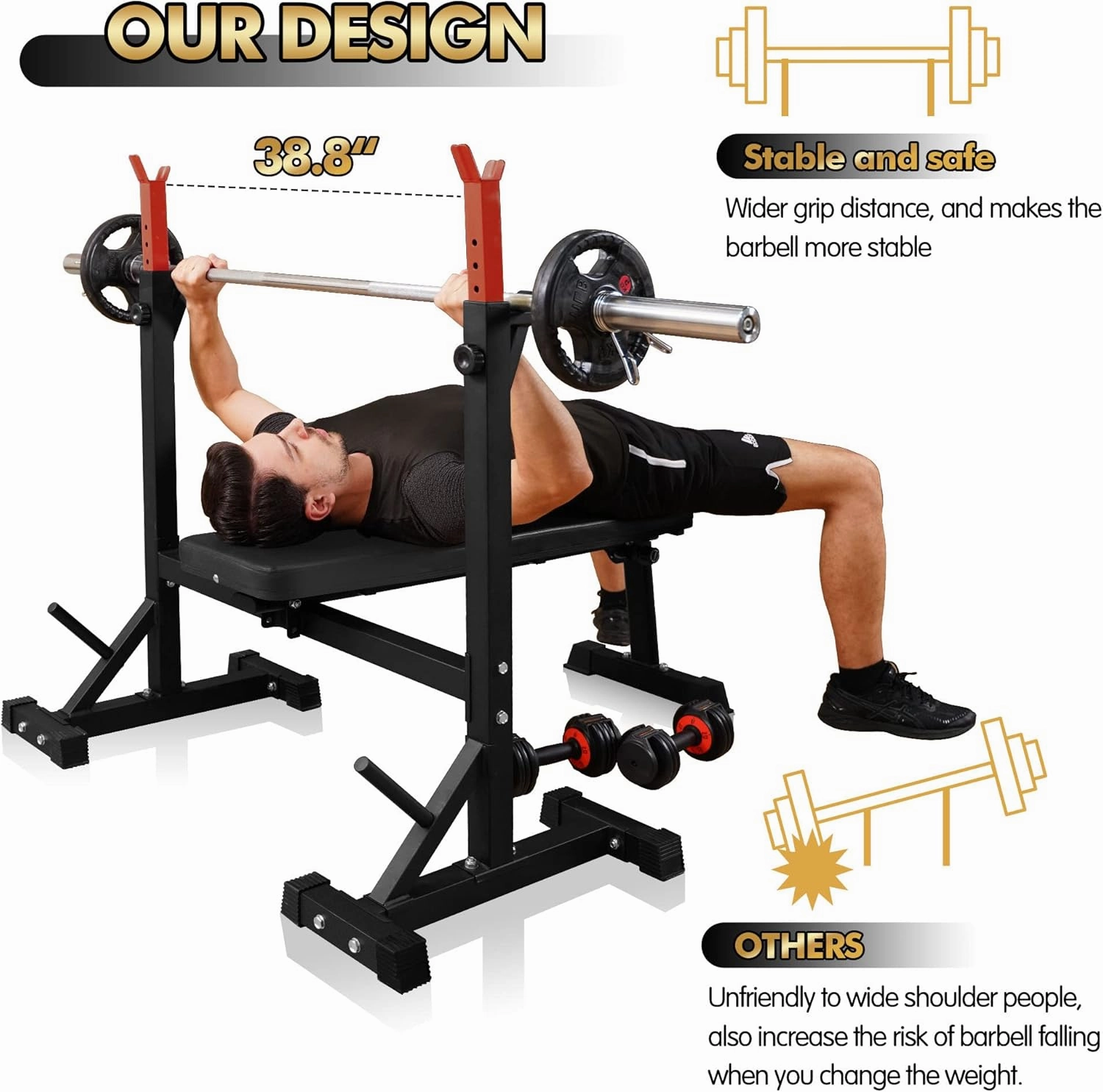 Bench Press, CANPA Olympic Weight Bench with Squat Rack Workout Bench Adjustable Barbell Rack Stand Strength Training Home Gym Multi-Function
