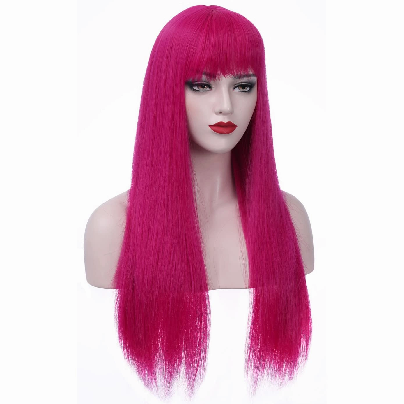 BERON Hot Pink Wigs Straight Long Hair Wigs with Bangs Women Fashion Heat Resistant Synthetic Natural Looking Wig for Cosplay Party or Daily Use