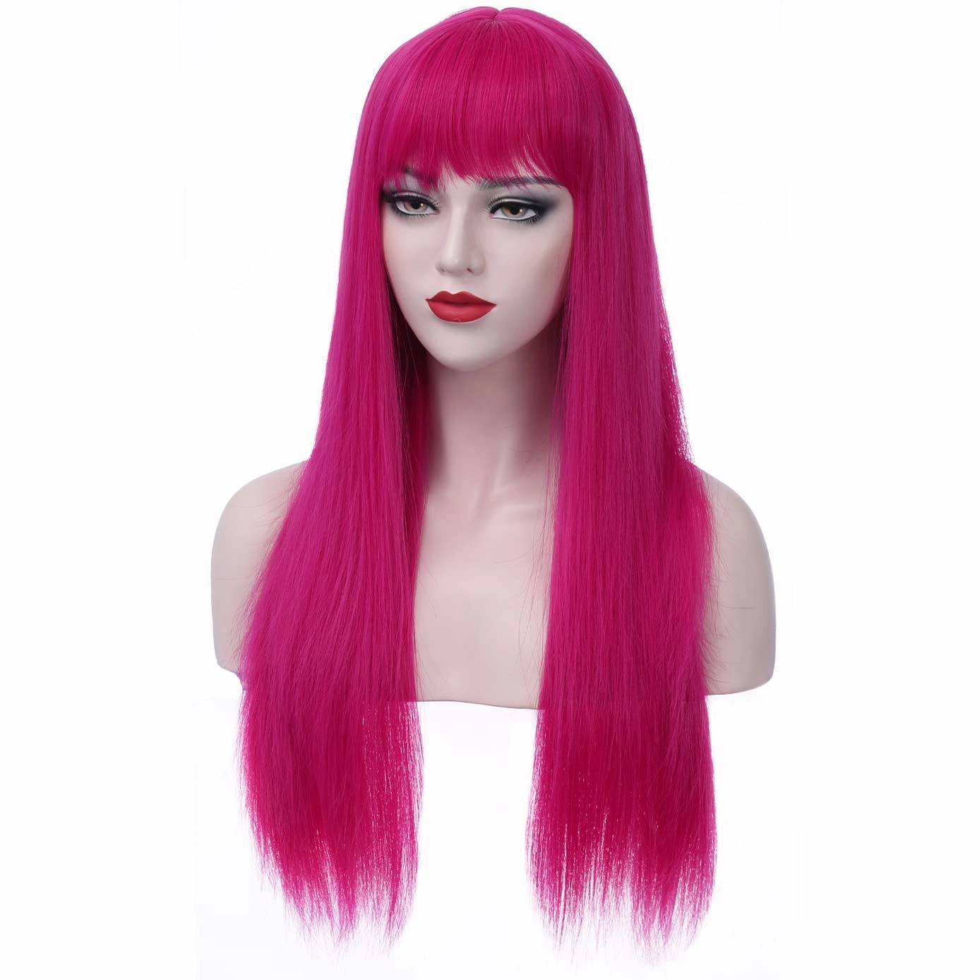 BERON Hot Pink Wigs Straight Long Hair Wigs with Bangs Women Fashion Heat Resistant Synthetic Natural Looking Wig for Cosplay Party or Daily Use
