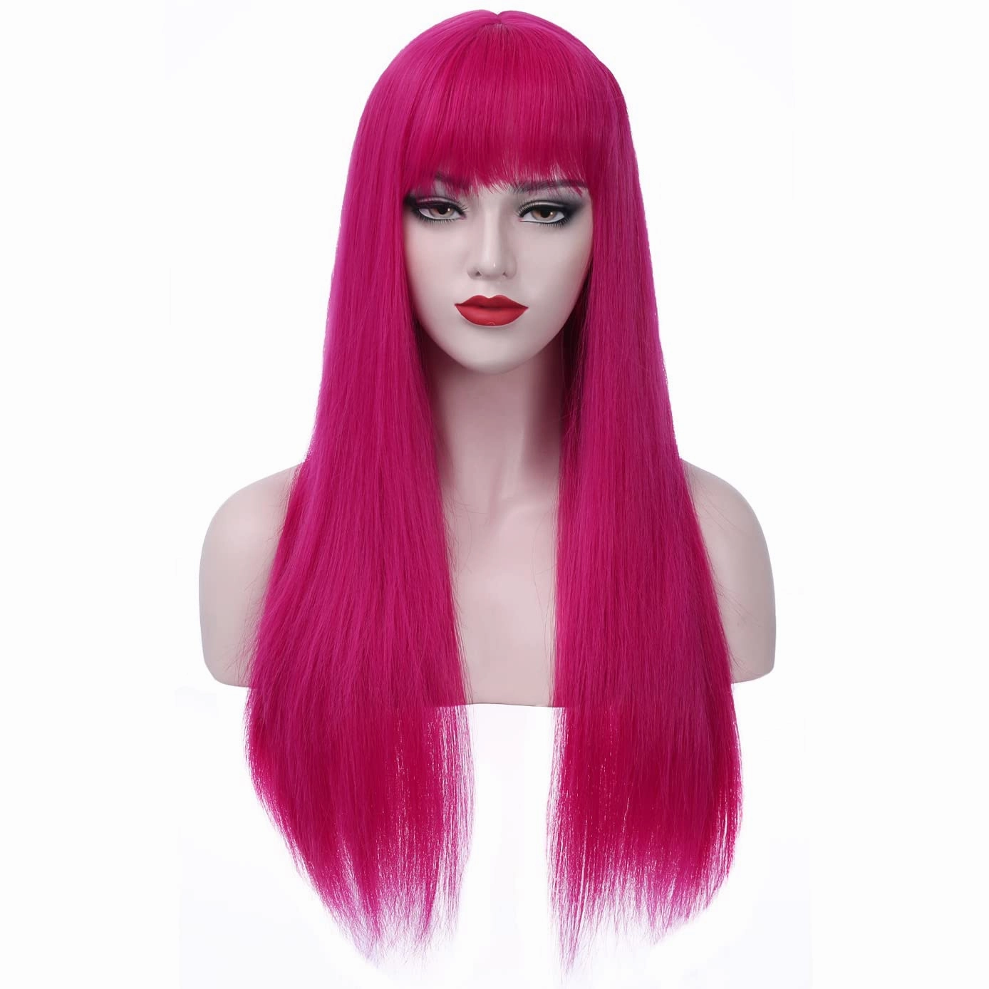 BERON Hot Pink Wigs Straight Long Hair Wigs with Bangs Women Fashion Heat Resistant Synthetic Natural Looking Wig for Cosplay Party or Daily Use