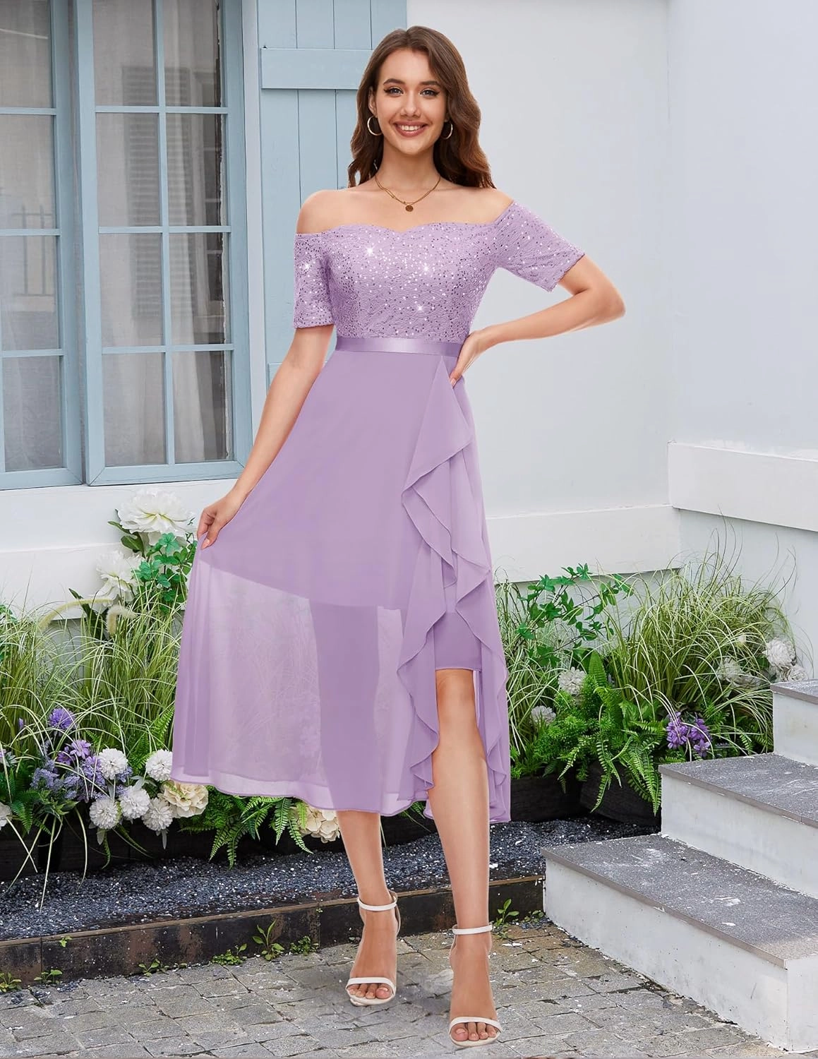BeryLove Women Sequin Formal Party Dress Off Shoulder Wedding Cocktail Midi Evening Dress