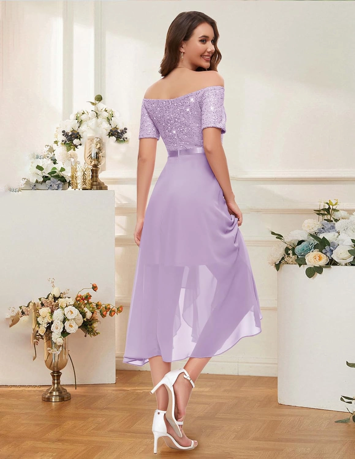 BeryLove Women Sequin Formal Party Dress Off Shoulder Wedding Cocktail Midi Evening Dress