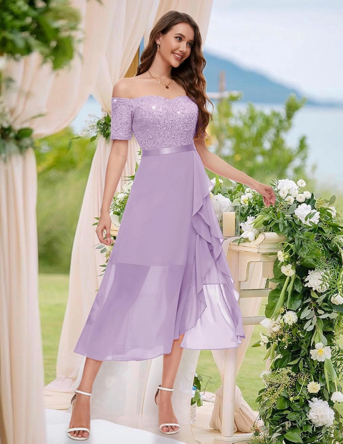 BeryLove Women Sequin Formal Party Dress Off Shoulder Wedding Cocktail Midi Evening Dress